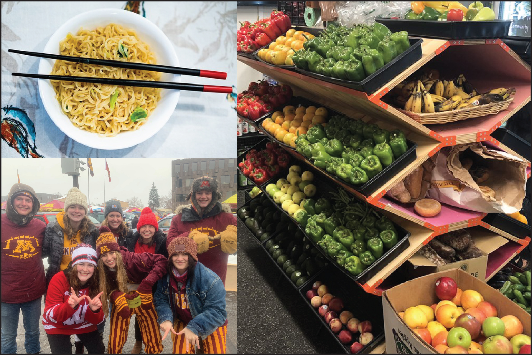  Image of ramen, produce at a campus food pantry, and my college students